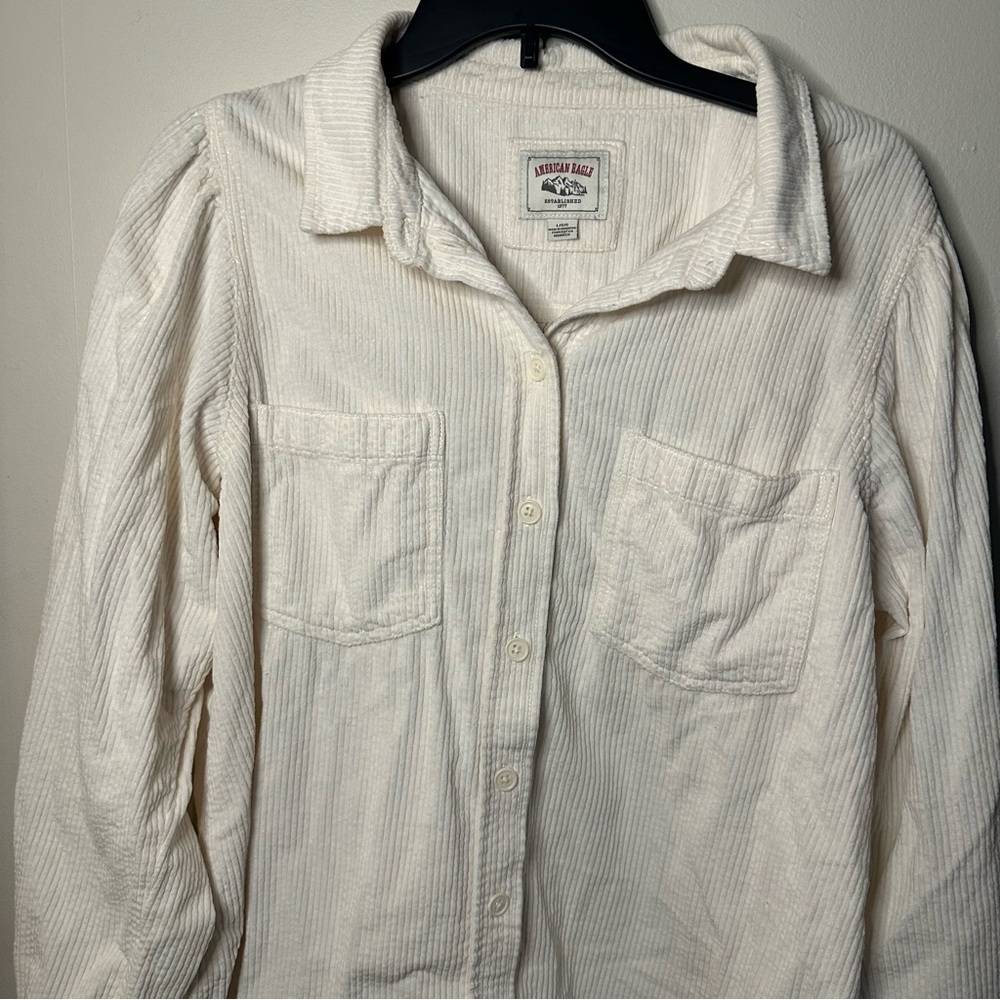 American Eagle Womens L Cream Corduroy Oversized Shacket Button Up Puff Sleeves